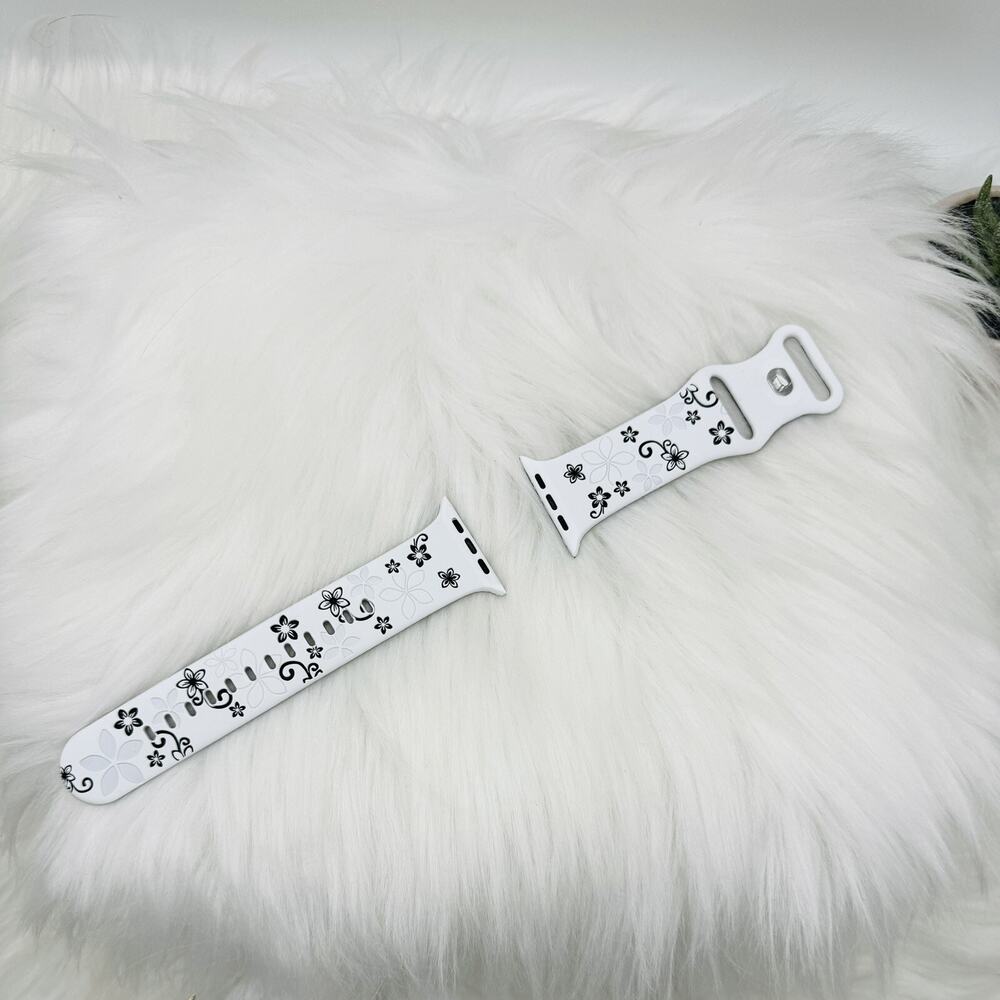 New Floral Design Apple Watch Bands 42mm 44mm 45mm 49mm Black and White - Picture 7 of 7